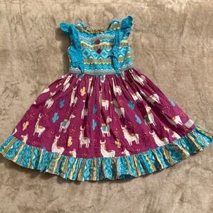 Eleanor Rose Lisa Dress Kids Size 5-6 Llama Cactus Southwestern Ruffle Pink Blue
